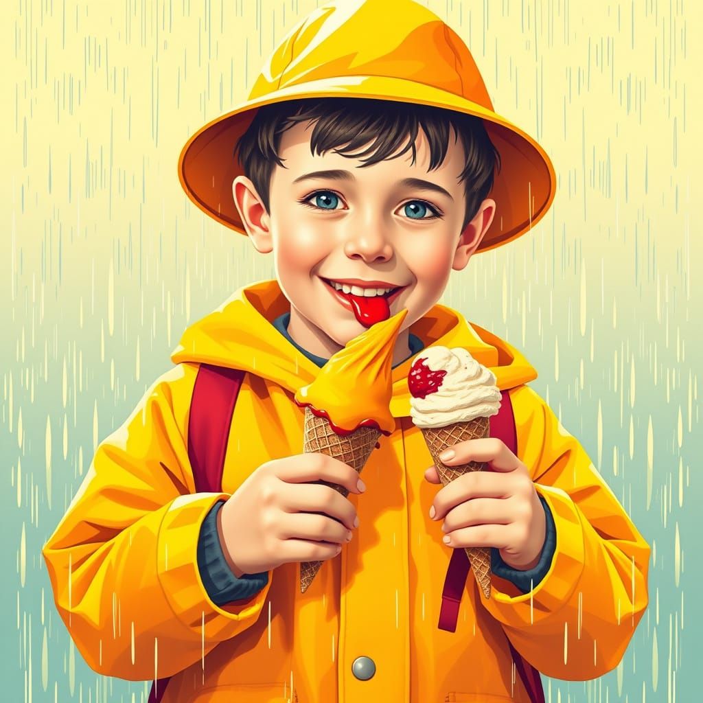 Boy in Yellow Raincoat: Pop Art Summer Scene