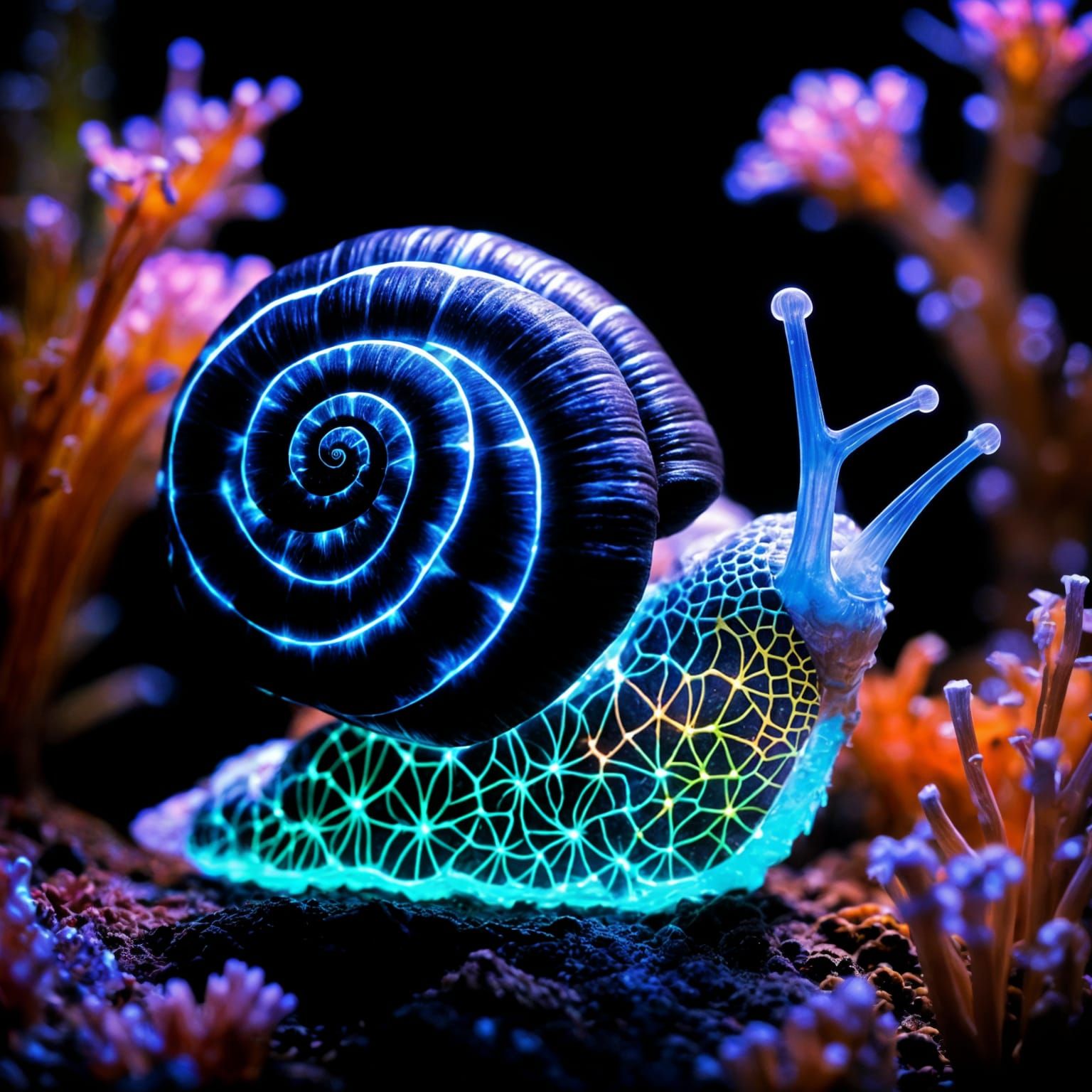 Bioluminescent Snail with Glowing Mushrooms