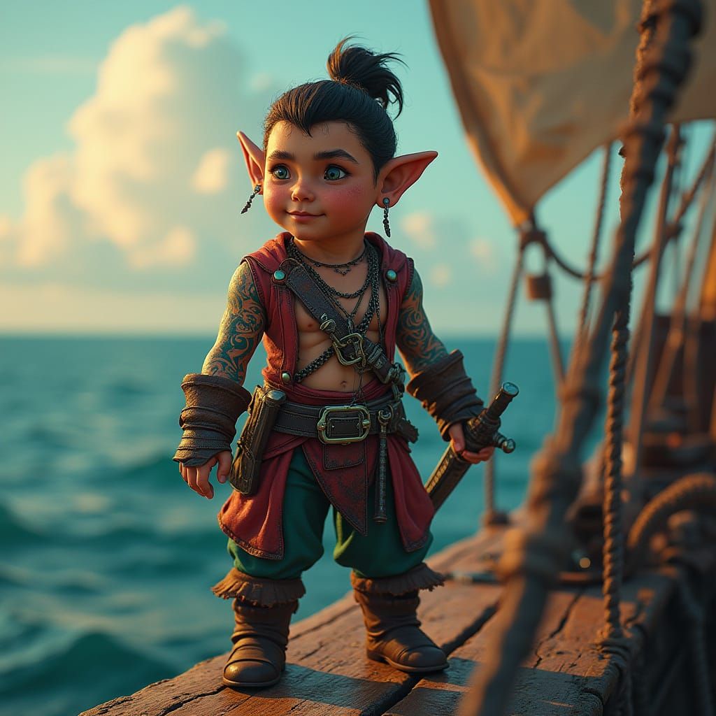 Brave Halfling Pirate on Weathered Ship in Sunset Glow