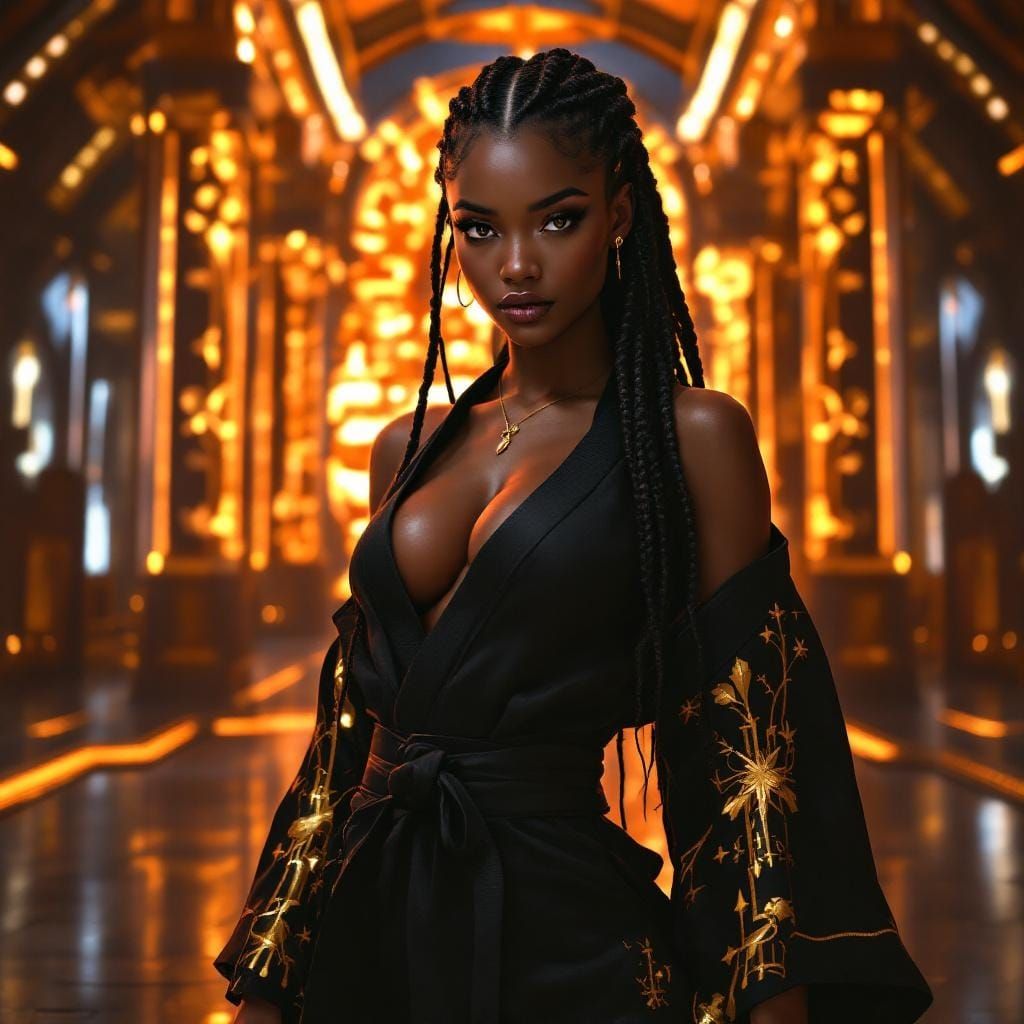 Cyberpunk Dojo: Woman in Gi with Holographic Projections