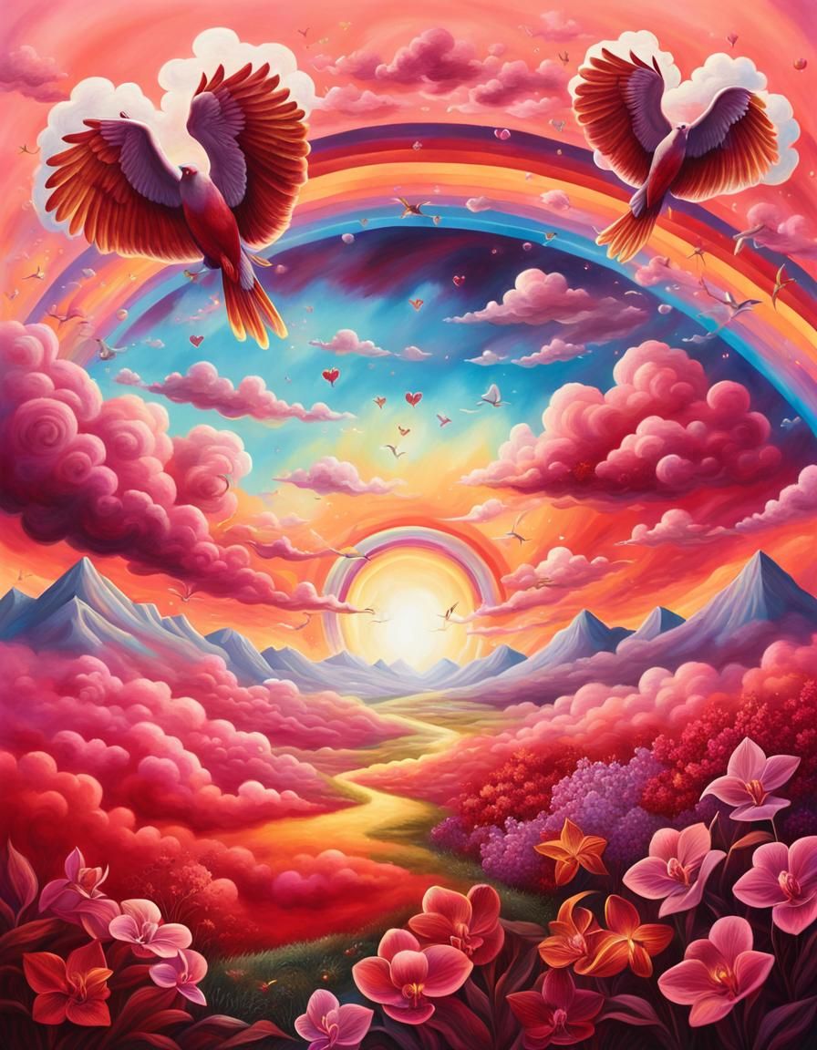 Psychedelic Heart Clouds with Rainbow, Airbrush Style
