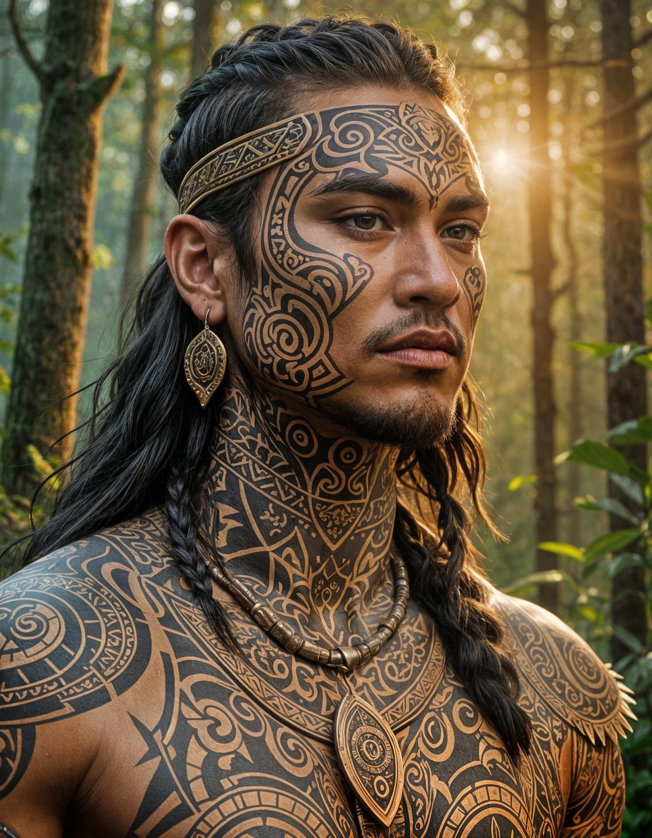 Maori Warrior Portrait with Traditional Tattoos