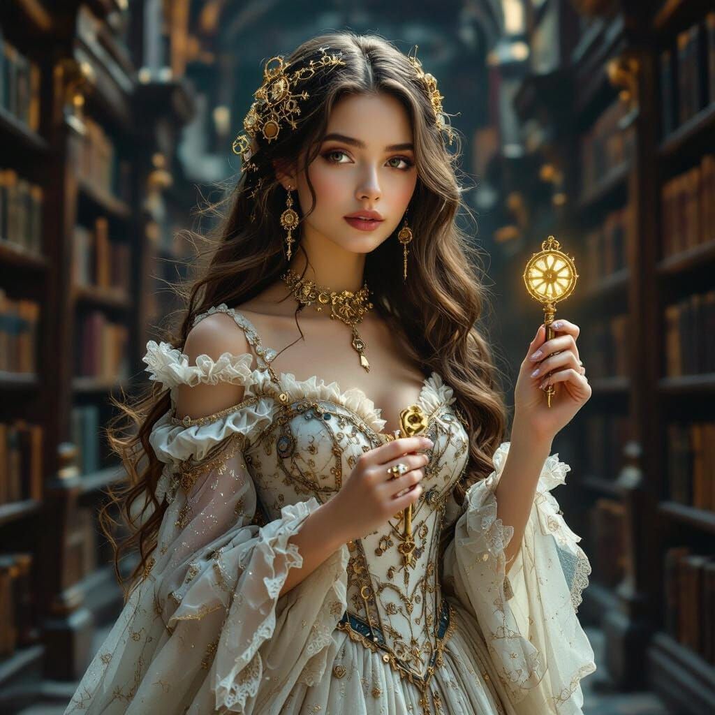 Steampunk Woman in Abandoned Library, Pre-Raphaelite Style