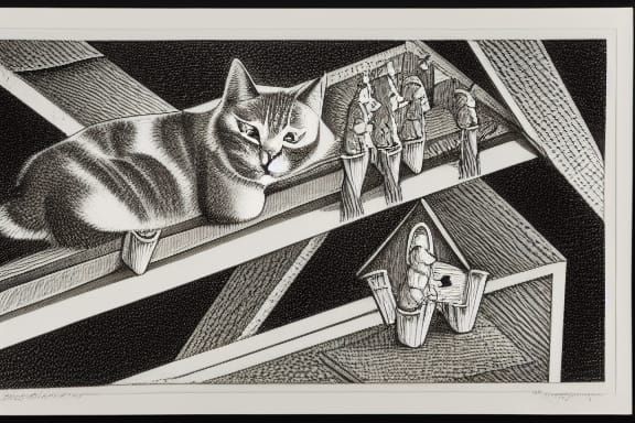 Cat Versus Suburbia in Escher-Style Black Ink Etching