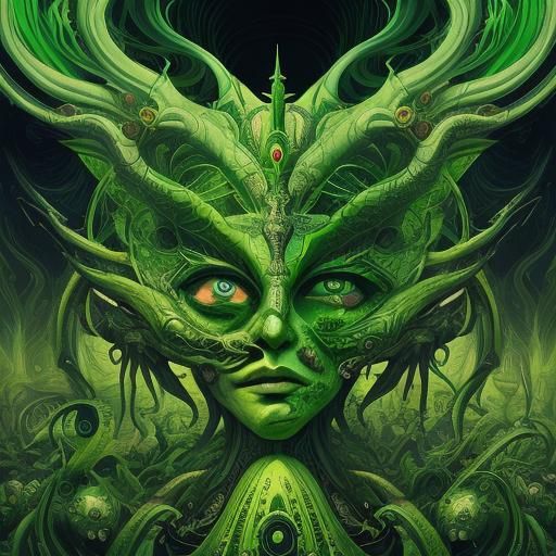 Surreal Green Gods in Mixed Media Style