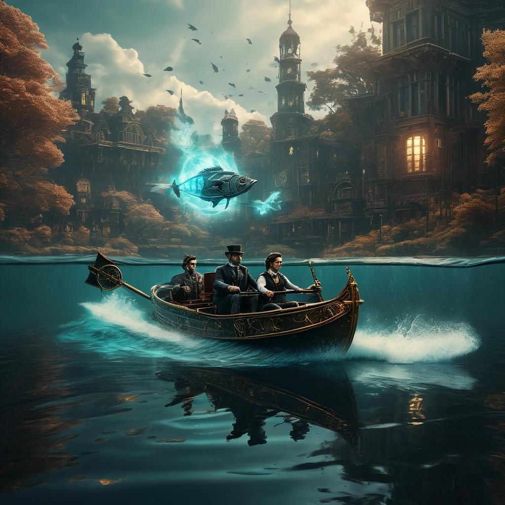 Steampunk Rowing Boat with Flying Fish, Detailed Matte Paint...