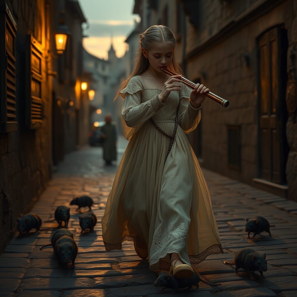 Girl Leads Rats Through Town as Digital Painting