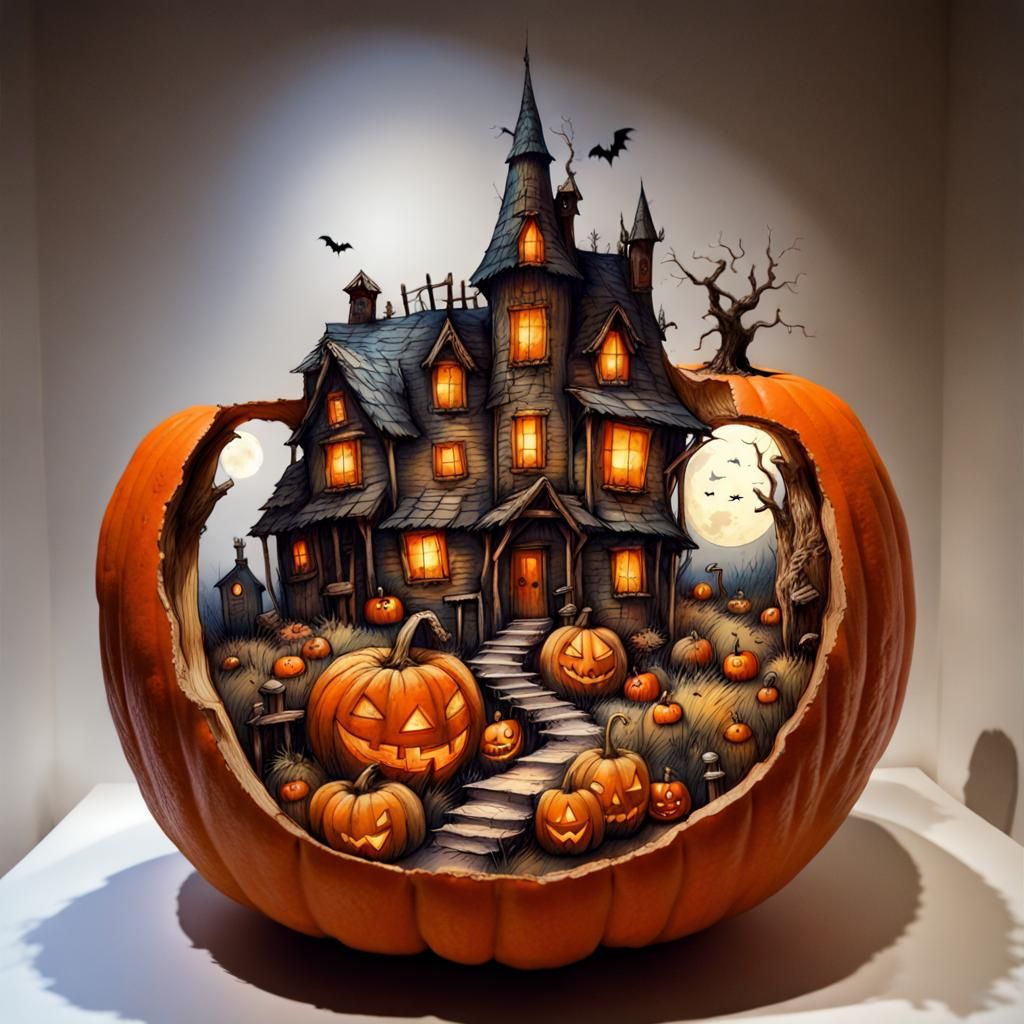 Halloween Village Carved Inside a Pumpkin in Dark Fantasy St...