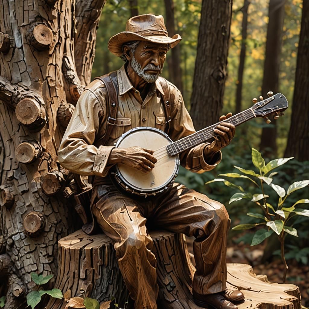 Lifelike Wooden Sculpture of Banjo Player in Sunlight
