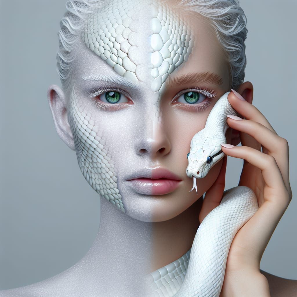 Surreal Reptilian Portrait with White Snake