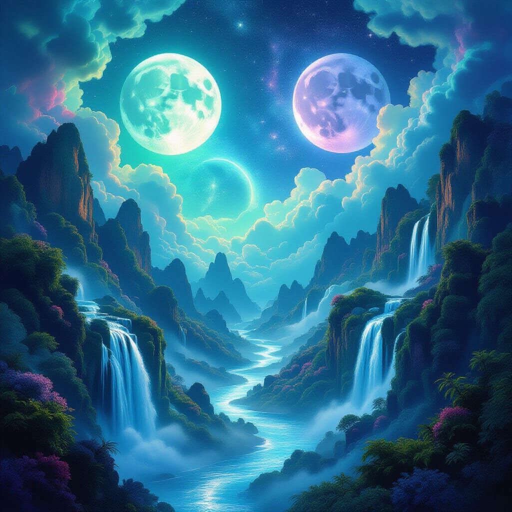 Bioluminescent Fantasy World Under Twin Moons