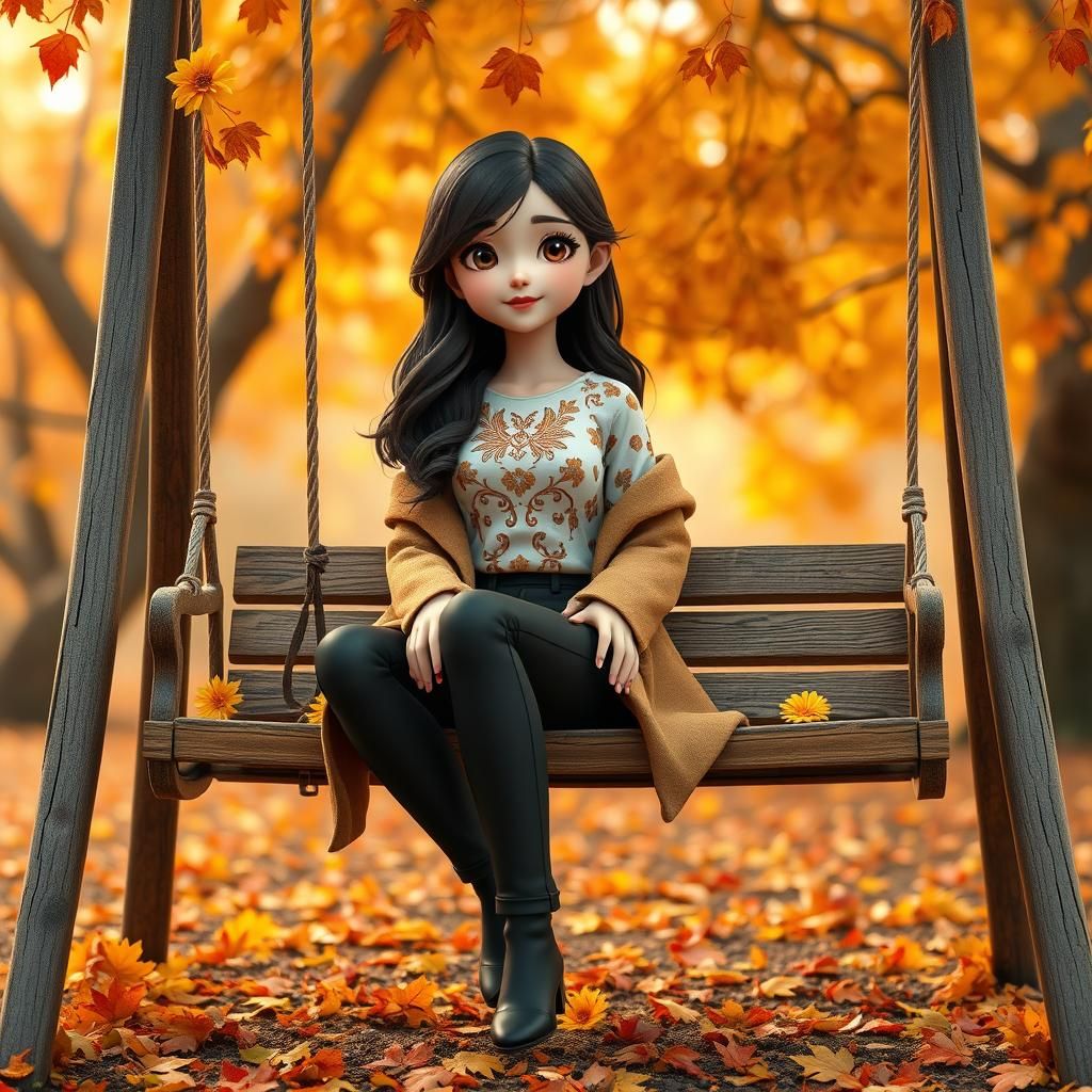 Chibi Woman on Autumn Swing in 3D Render