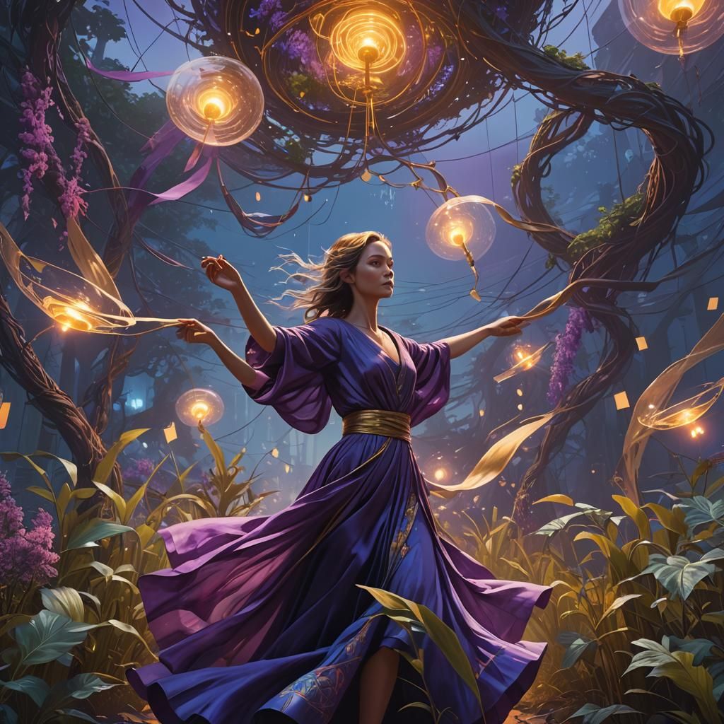 Elegant Woman Dancing in Mystical Glowing Garden