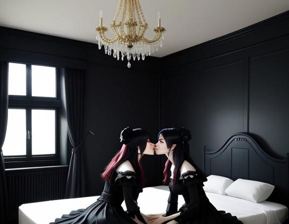 Gothic Twin Kitsunes Kissing in Bedroom