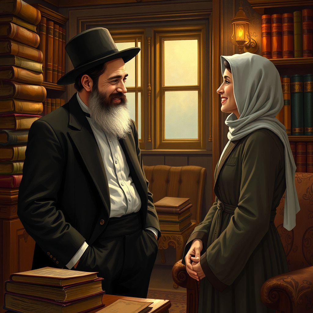 Hasidic Couple in Cozy Study, Expressive Art Style