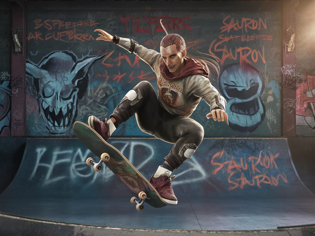 Gollum Skateboarder Does 360 in Graffiti Skatepark