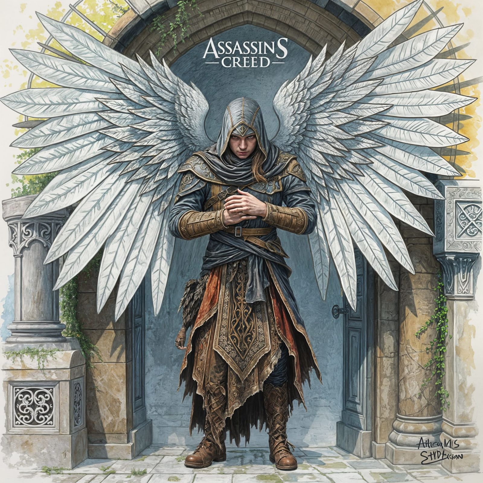 Grungy Angel with Large Wings in Colored Pencil