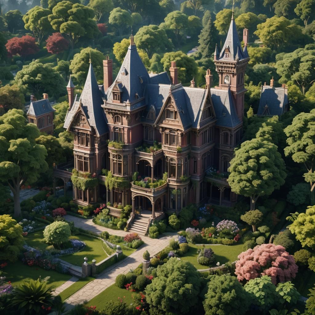 Victorian Mansion with Lush Garden in Detailed Matte Paintin...