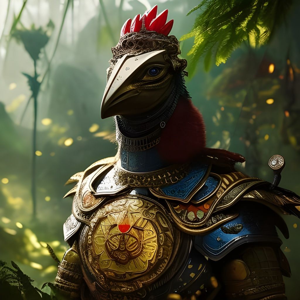 Armored Anthropomorphic Chicken Warrior in Jungle