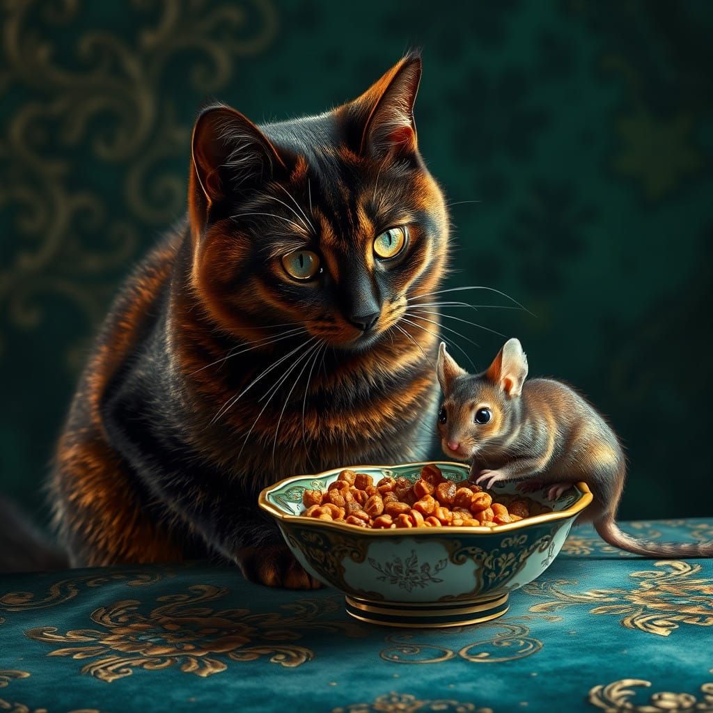 Regal Tortoiseshell Cat Observes Mouse Eating Wet Cat Food o...