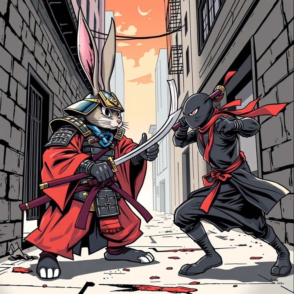 Samurai Rabbit vs Raphael in Comic Book Style