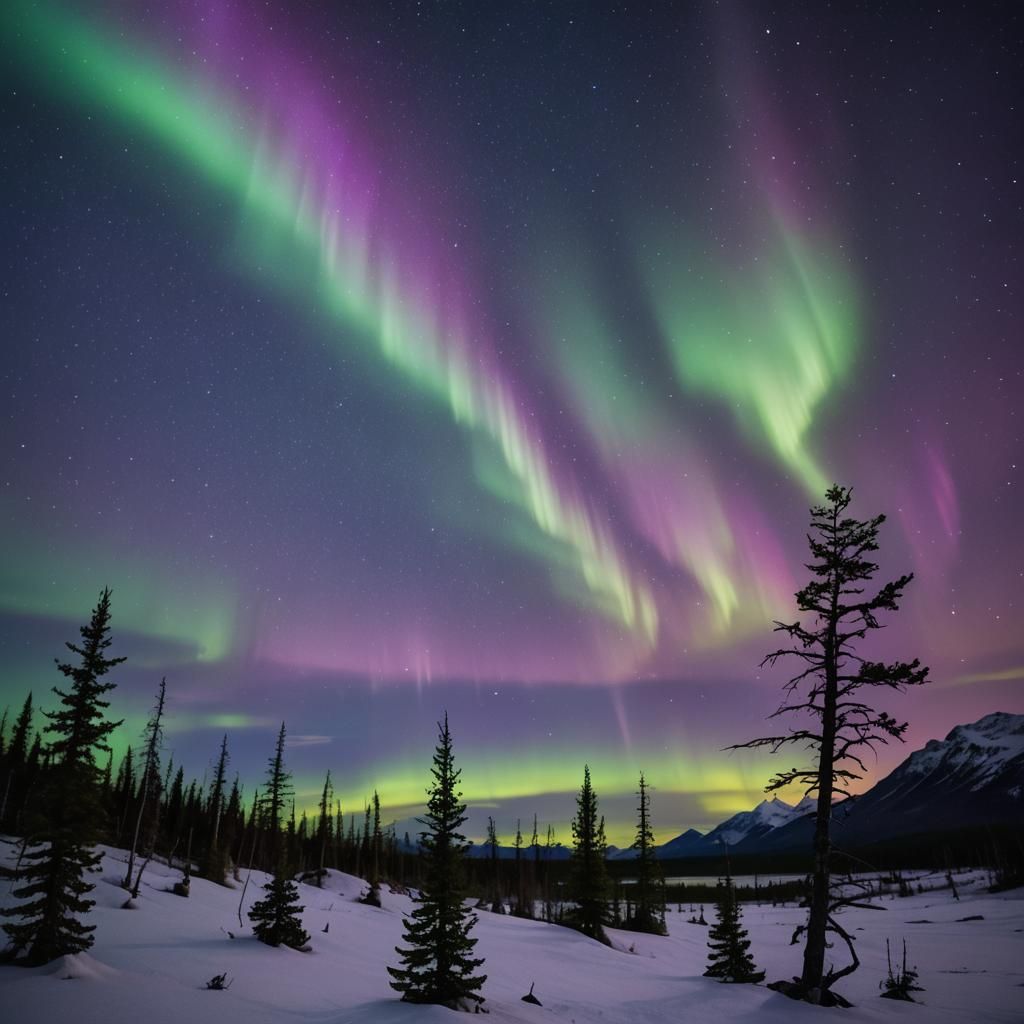 Northern Lights Over Rugged Mountain Range