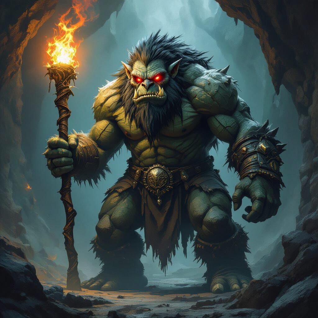 Colossal Armored Troll Wielding Glowing Staff in Fantasy Art...