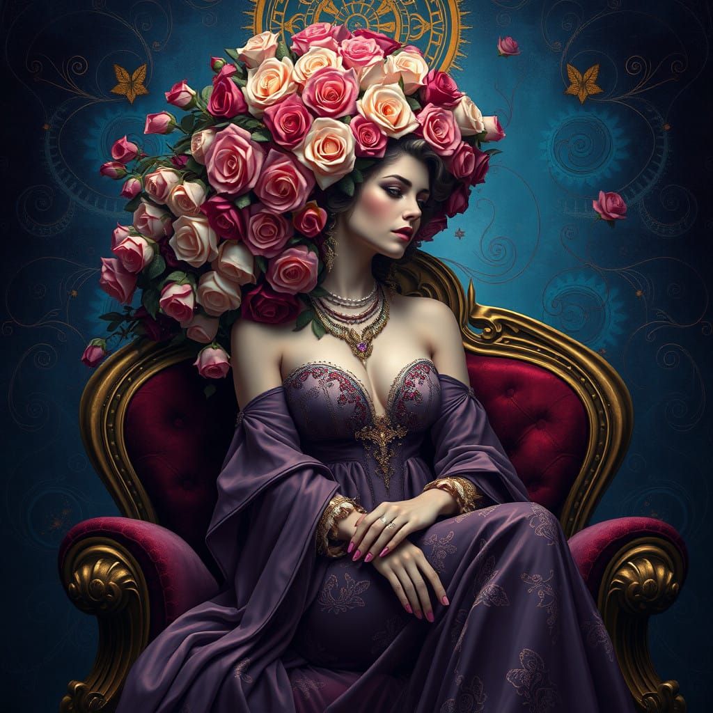 Luxurious Lady with Rose Hair Reigns in Dark Fantasy