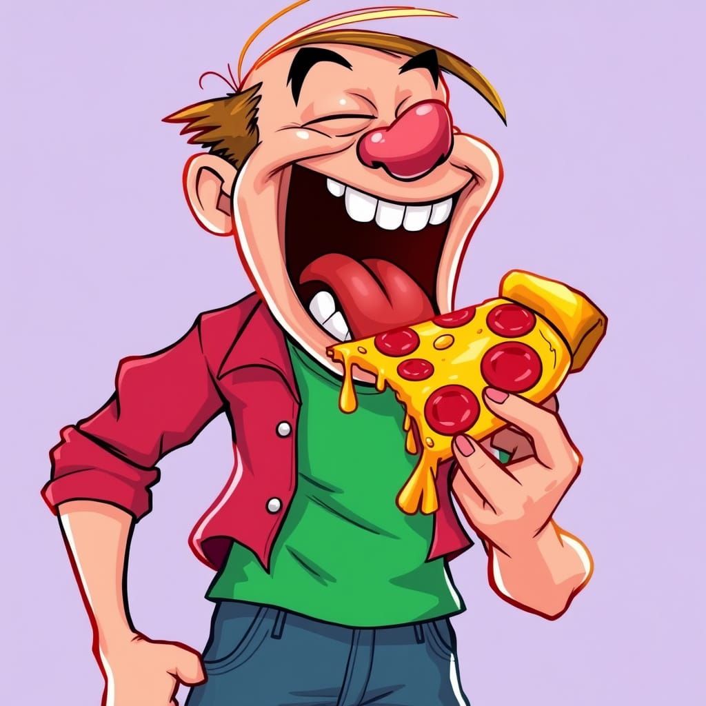 Cartoon Person Devouring Pizza Slice