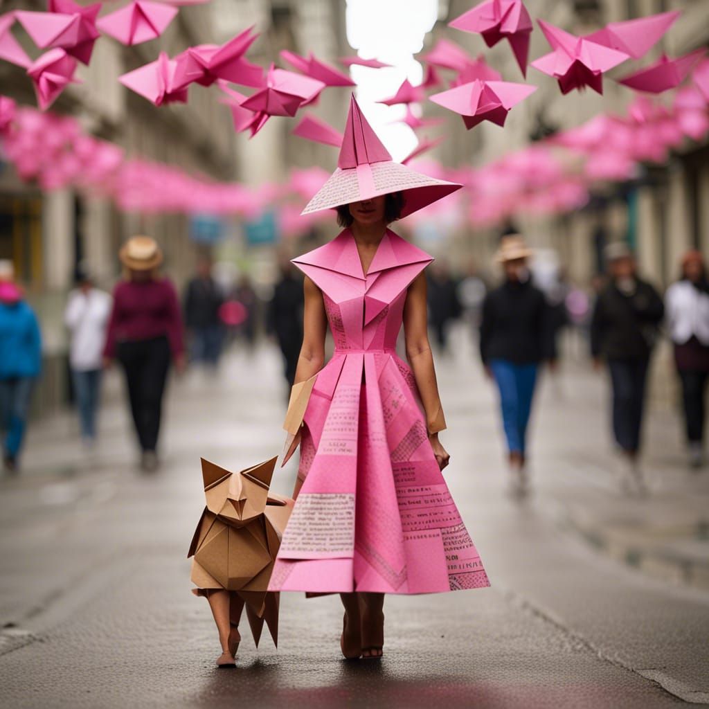 Woman with Origami Cat and Newspaper Hat