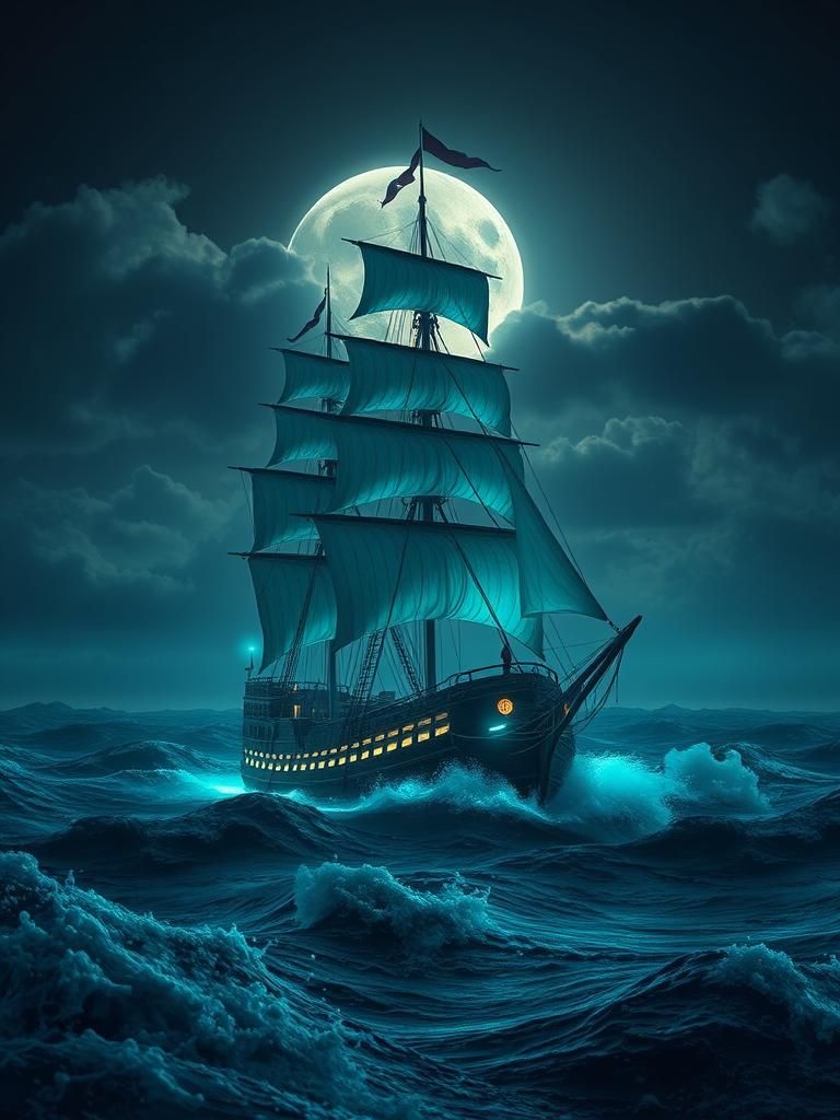 Bioluminescent Galleon on a Turbulent Sea