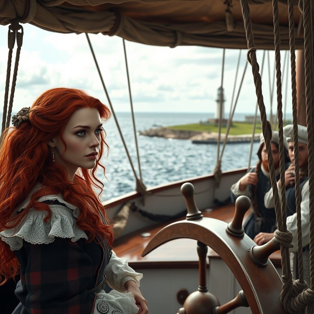 Redhead Commander at Helm of 1800s Sailboat