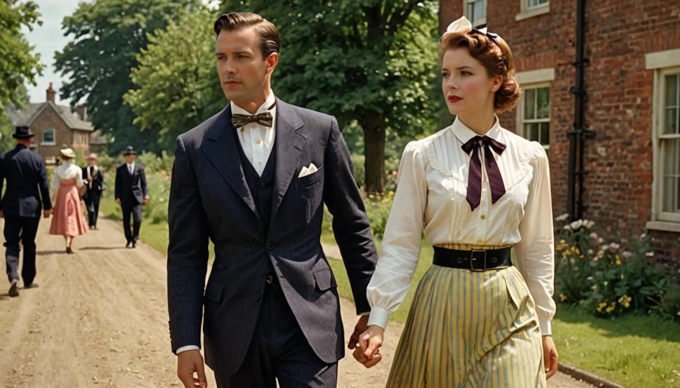 Early 20th Century Couple Stroll in Colorful Setting