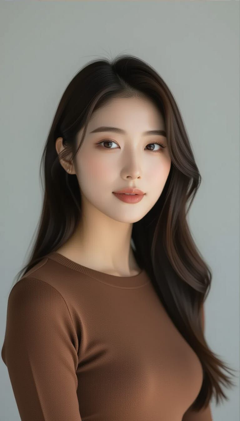 Studio Portrait of Confident Korean Woman with Long Black Ha...
