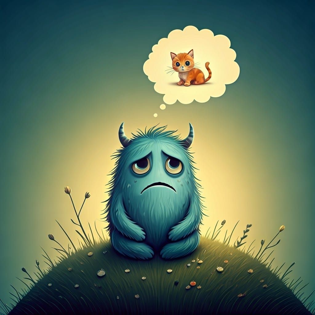 Sad Monster Dreaming of Kitten on Hill