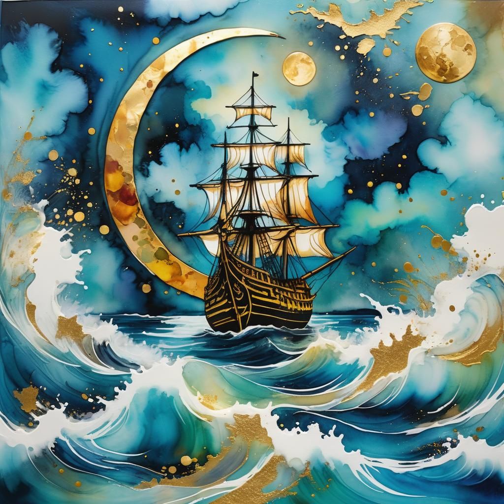 Ship Sails Under Moon in Alcohol Ink Splatter