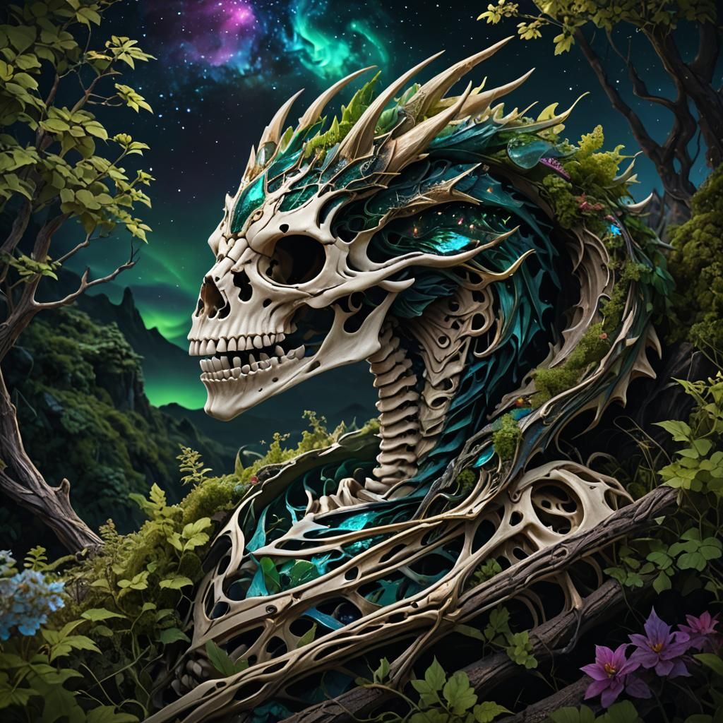 sleeping dragon skeleton made of aurora; hillside overgrowth; cosmic stars galaxy milky way
