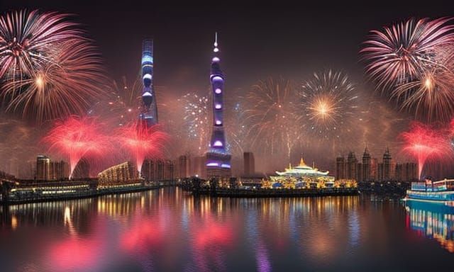 Fireworks Over Shanghai: Detailed Fantasy Landscape