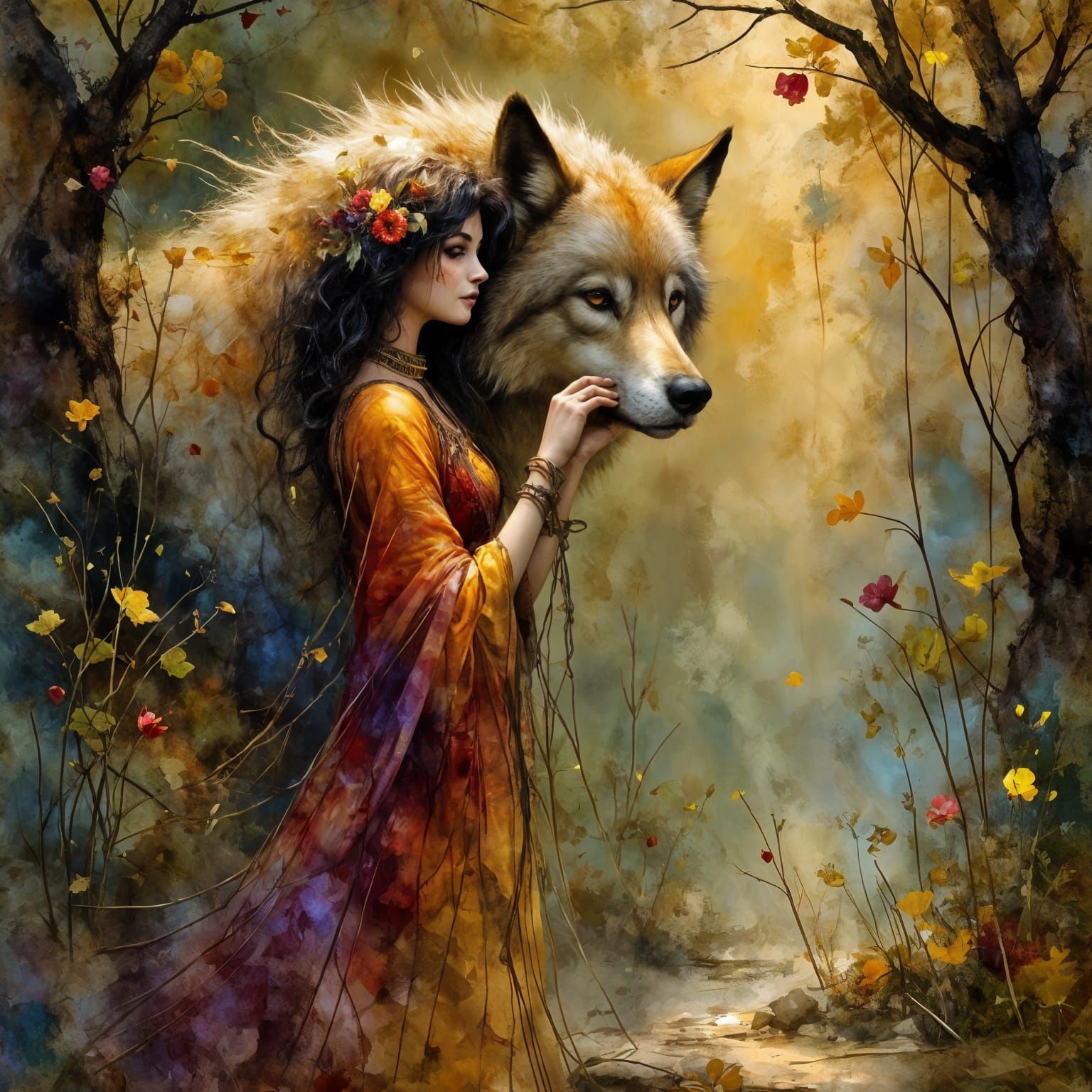 Gold Curly and Wolf in Forestgrunge Fantasycore