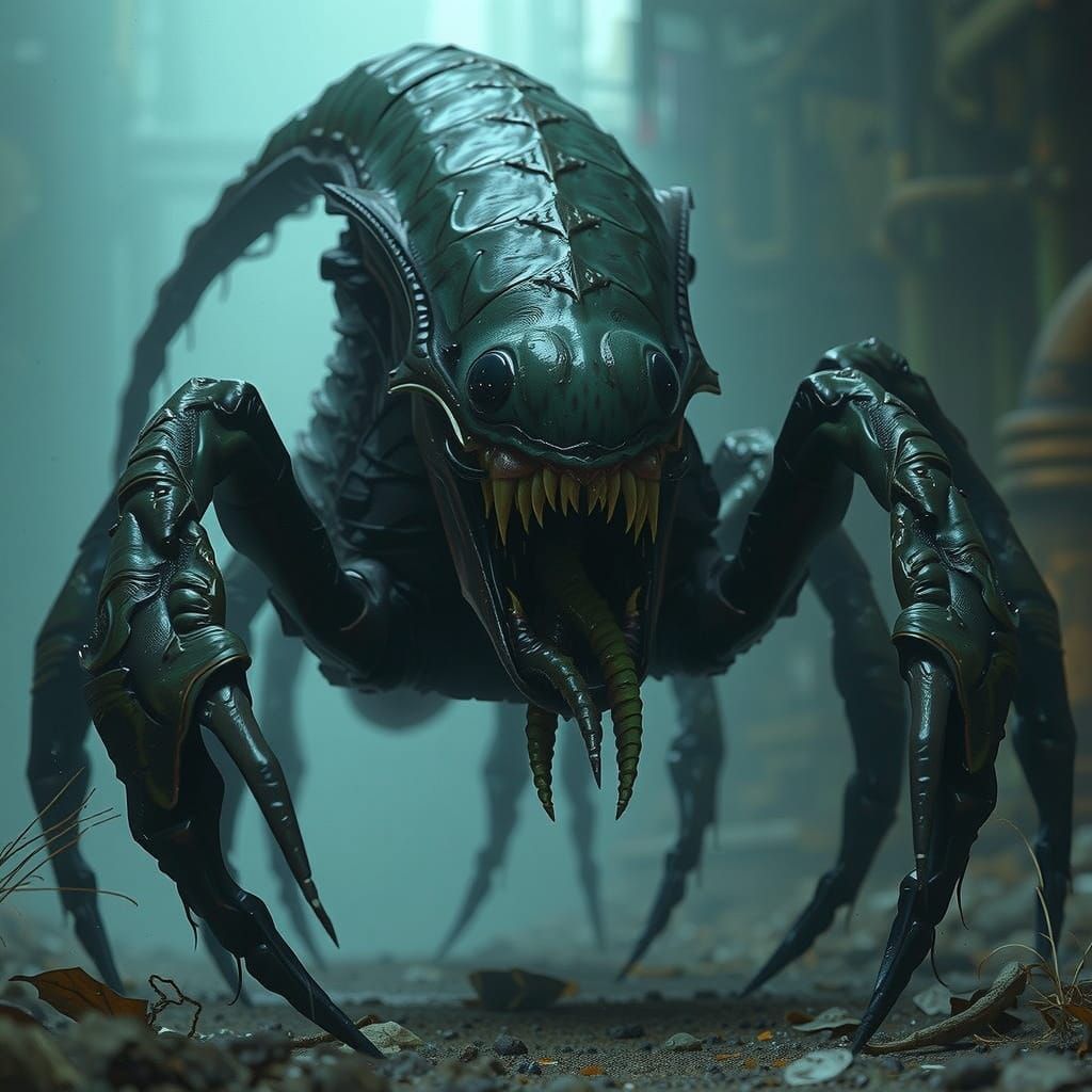 Menacing, Industrial Sci-Fi Creature with Metallic Sheen and...