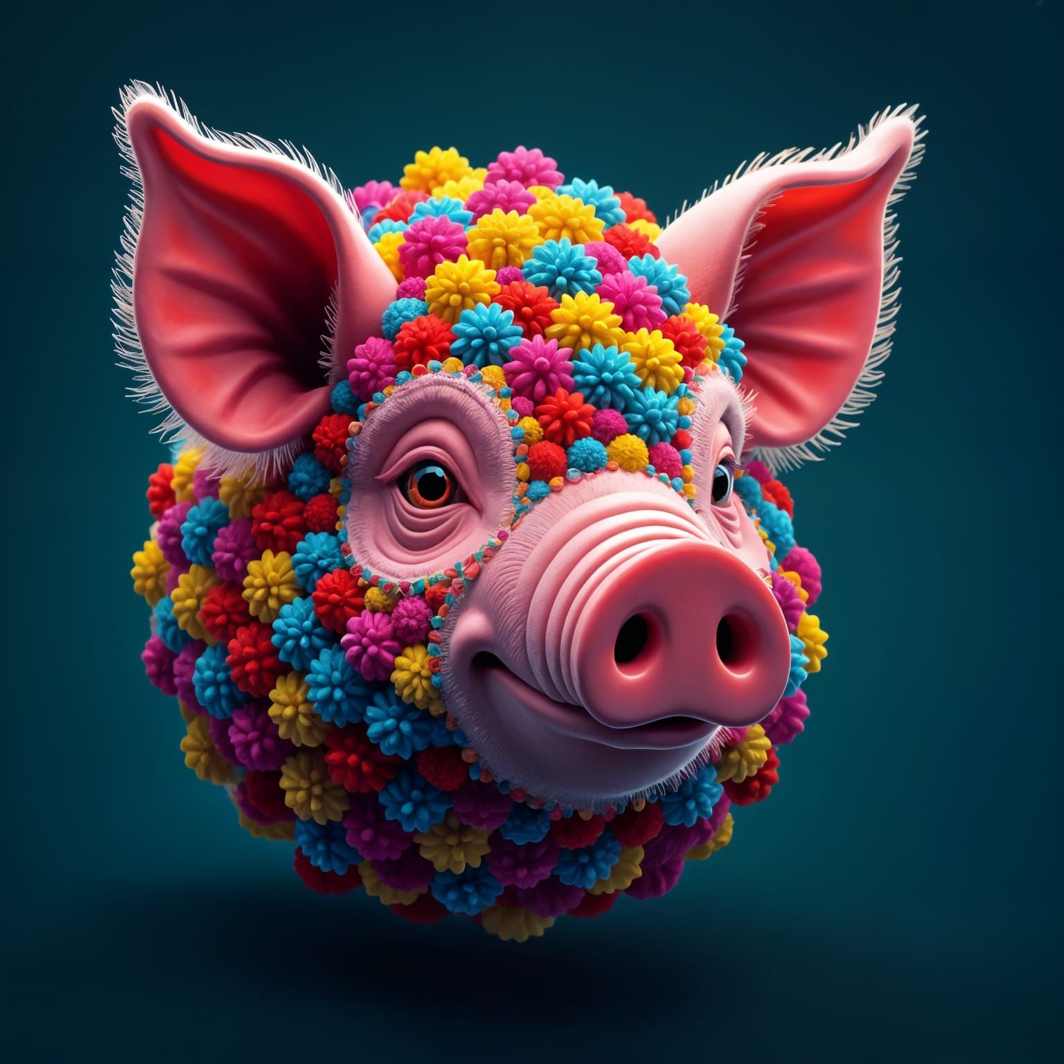 Colorful Pom Pom Pig Head with Fractal Patterns