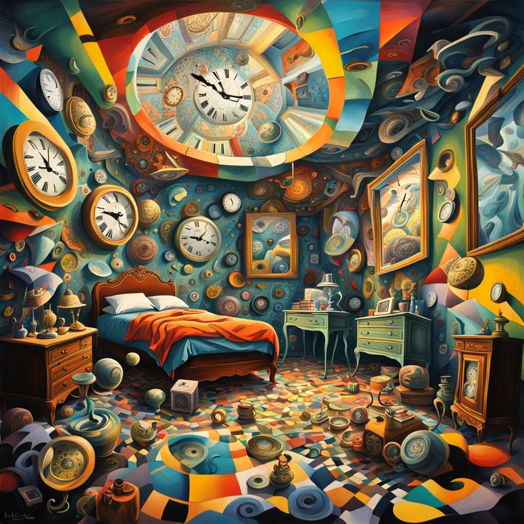 Surreal Clocks in Chaotic Room, Visionary Art Style