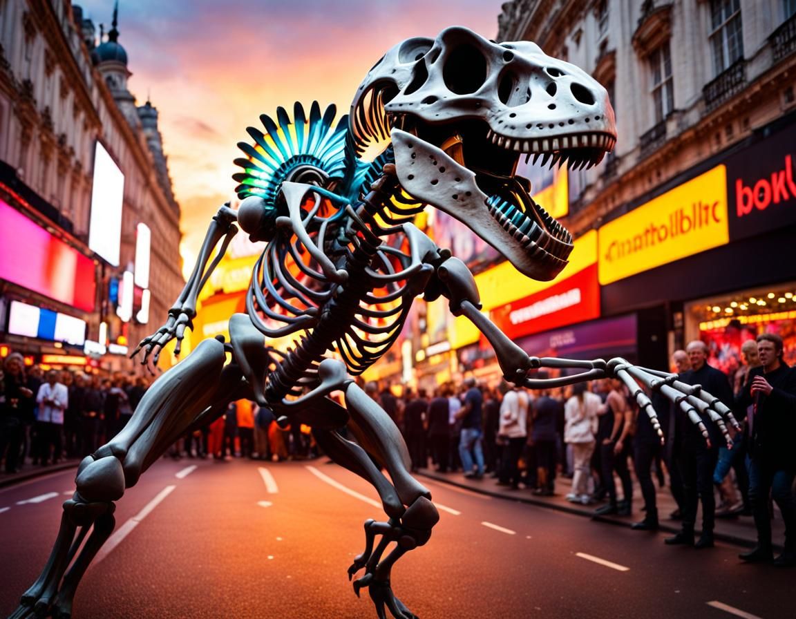 T-Rex Skeleton Breakdancing at Picadilly Circus