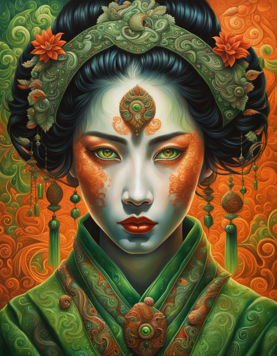 Mystic Geisha Portrait in Oil Painting Style