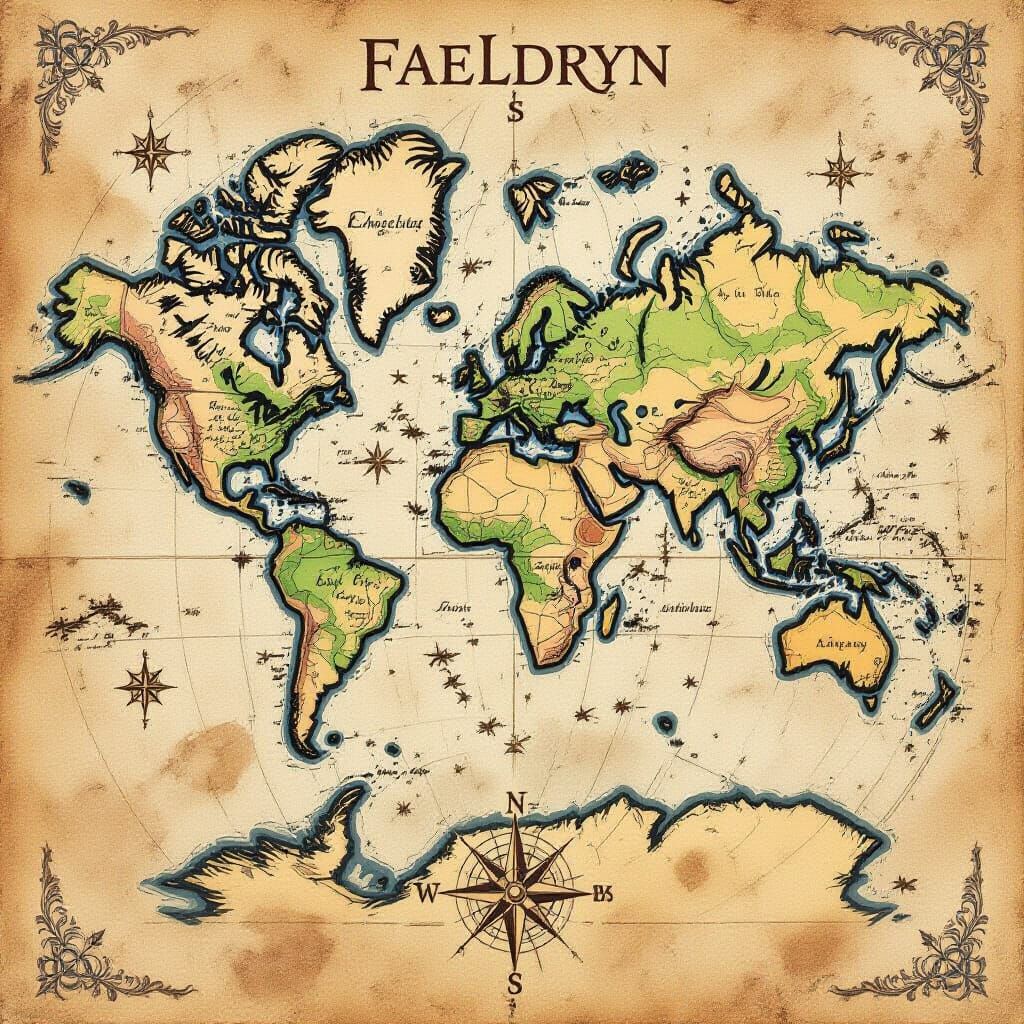 Antique Fantasy World Map on Weathered Parchment