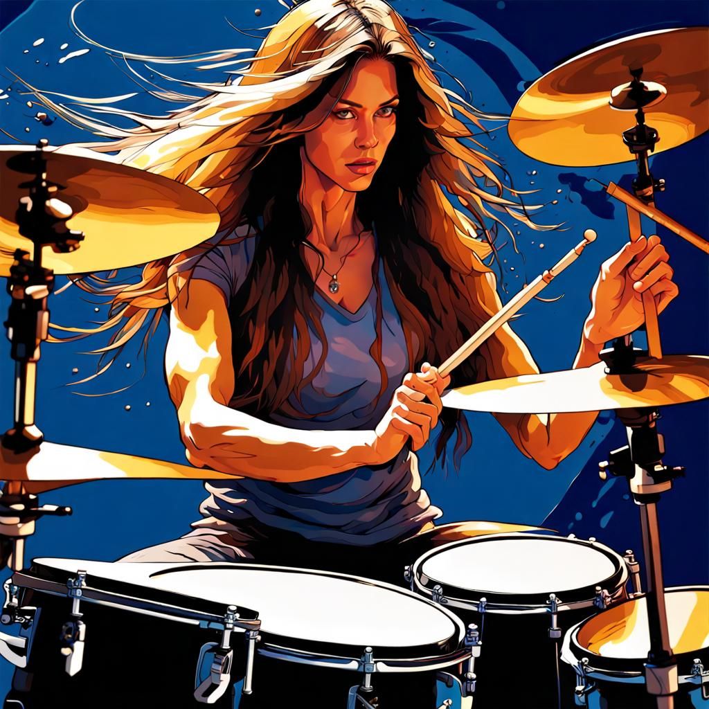 Dynamic Drummer Girl in Ink Splash Art Style