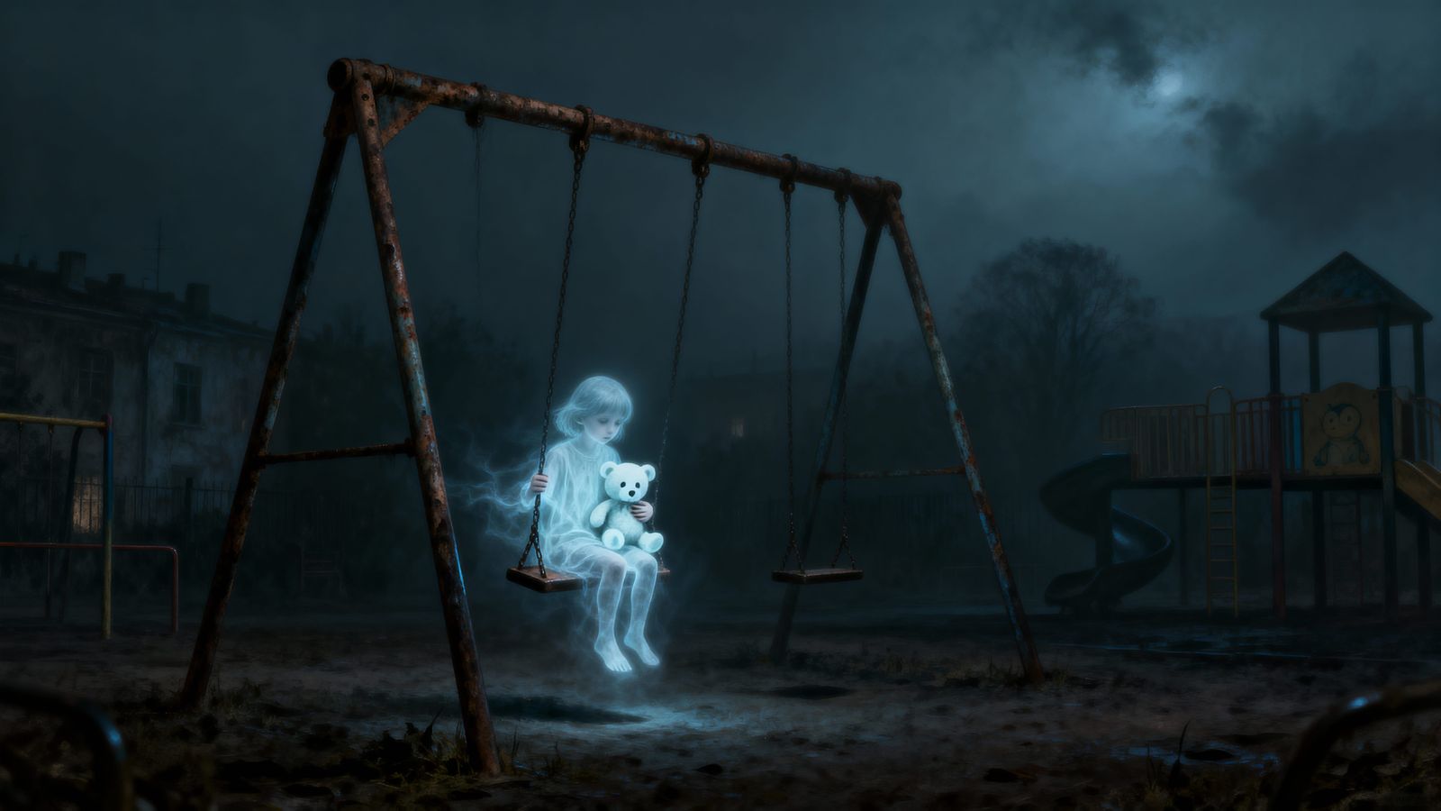 Ethereal Ghost Child with Teddy Bear in Foggy Playground