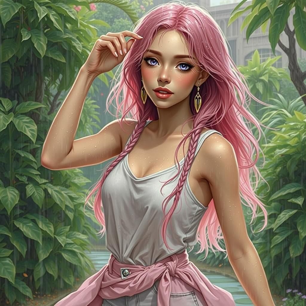 Latina Woman Dancing in Rainy Garden, Anime Style