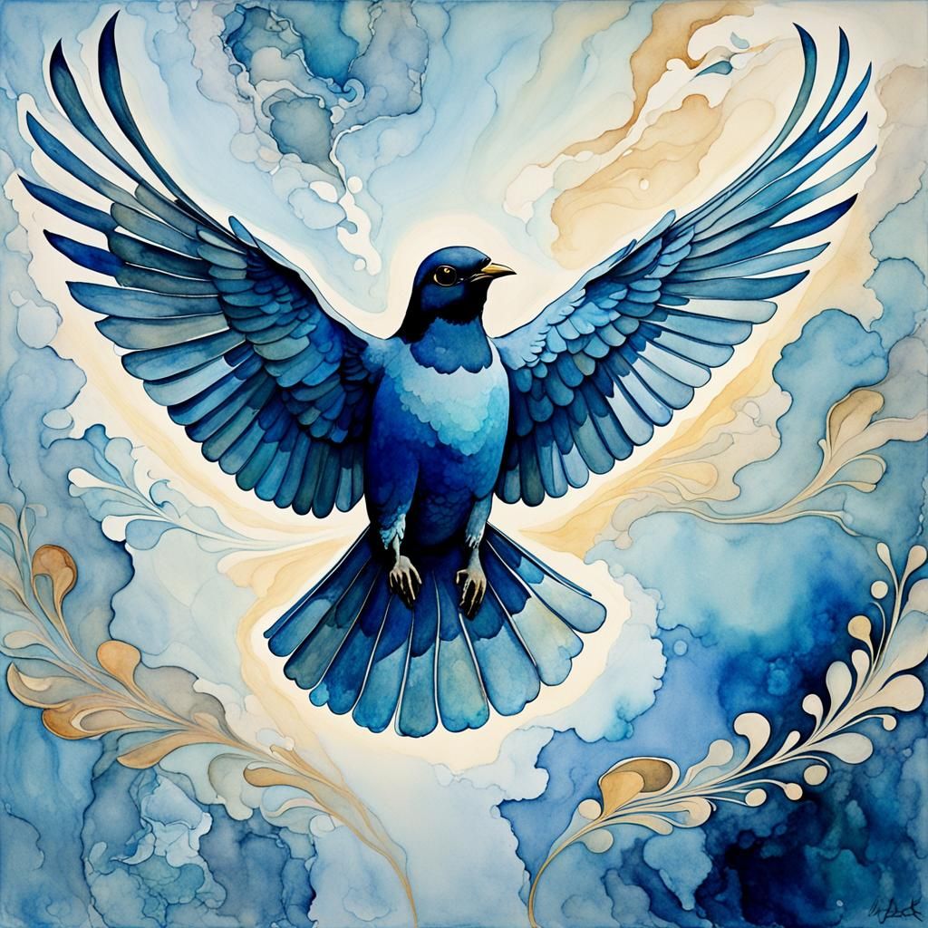 Art Nouveau Bird in Flight Watercolor