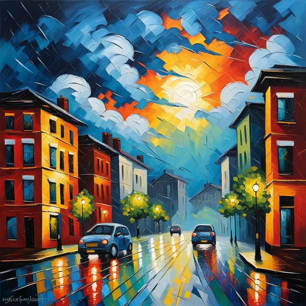 City Thunderstorm in Expressionist Impasto Style